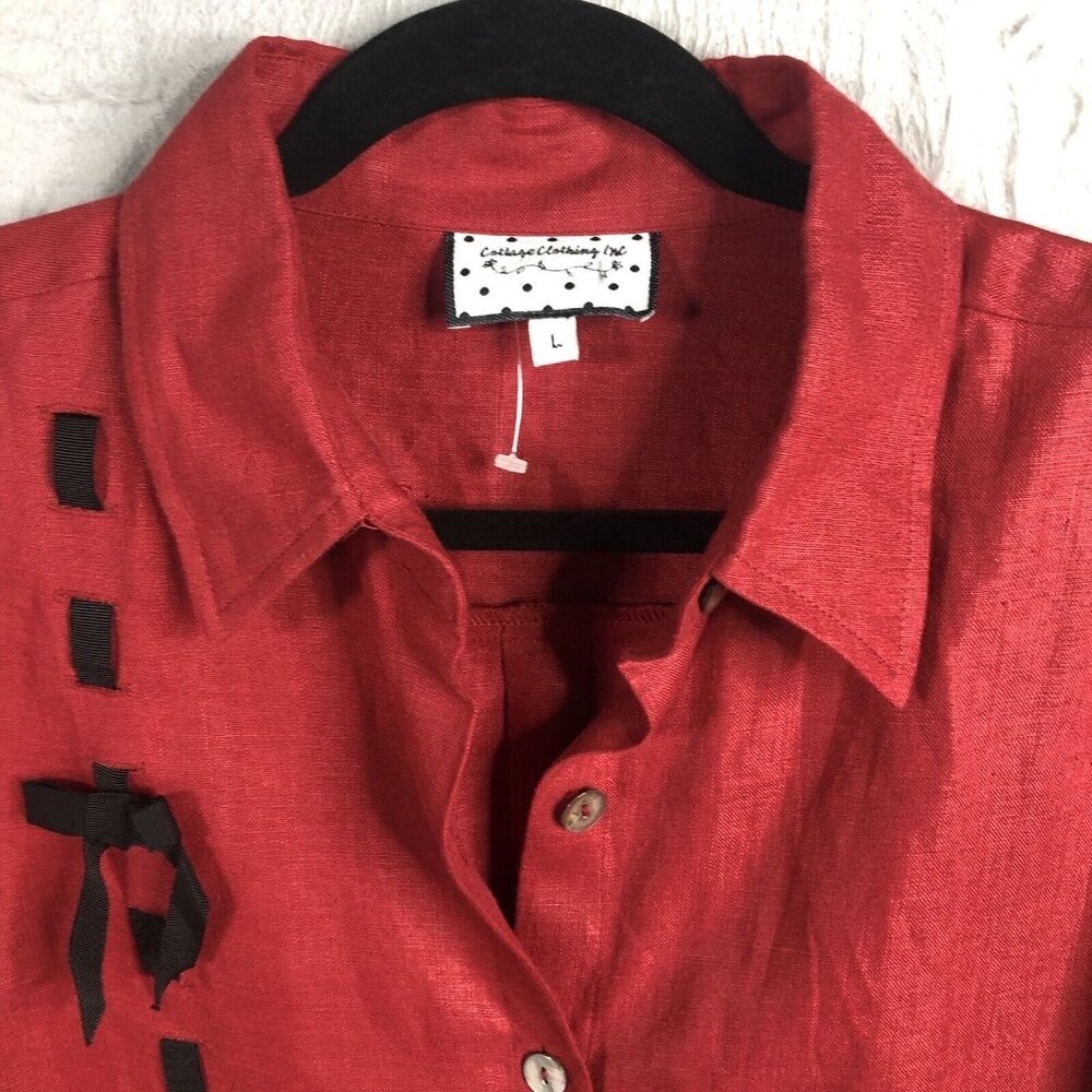Cottage Clothing Company Top Women Large Red 100% Linen Artsy Airy Lagenlook - Picture 2 of 11